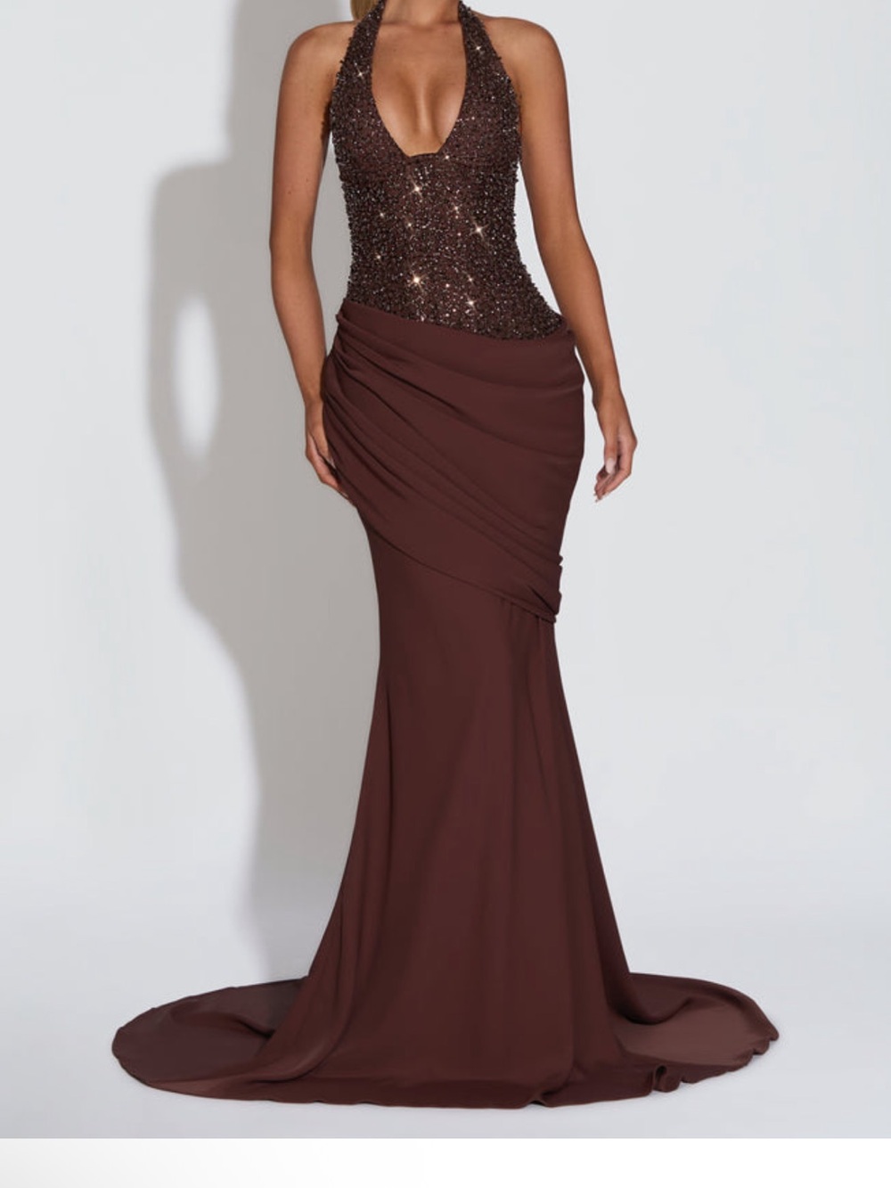 Sleeveless Backless Beaded Evening Gown in Dark Brown